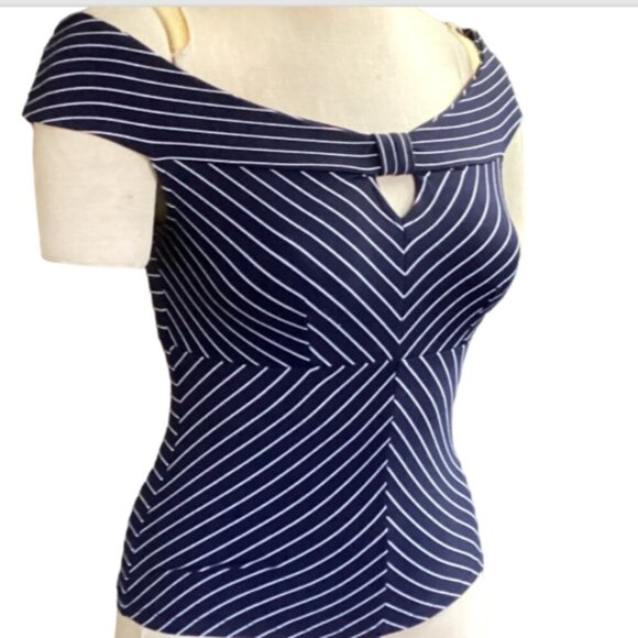 Leith Striped Tank Top Navy Blue & White Cutout Sz S #159J - Picture 3 of 8
